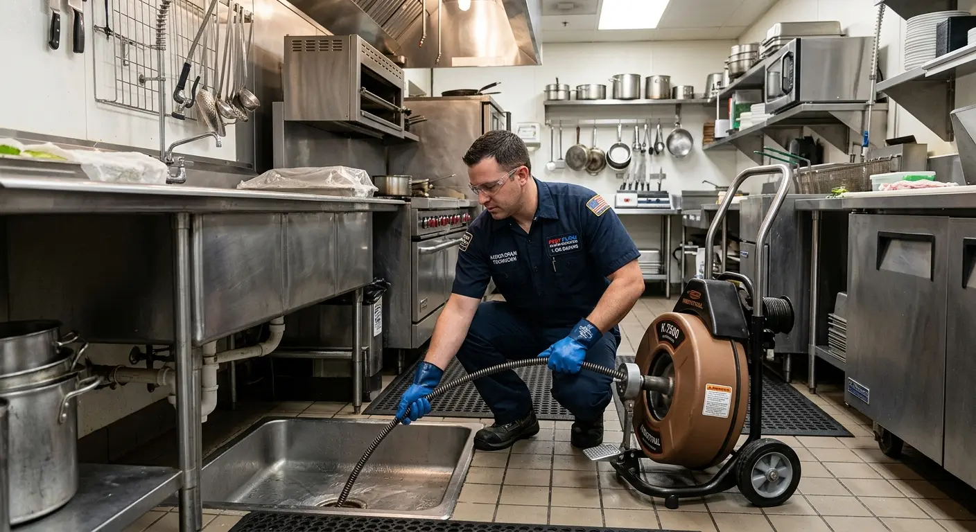 Commercial drain cleaning service in a restaurant kitchen in Meridian