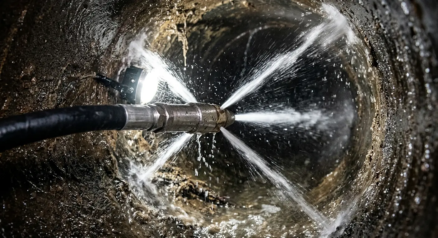 High-pressure hydro jetting nozzle cleaning sewer pipe for Emergency Drain Service in Meridian