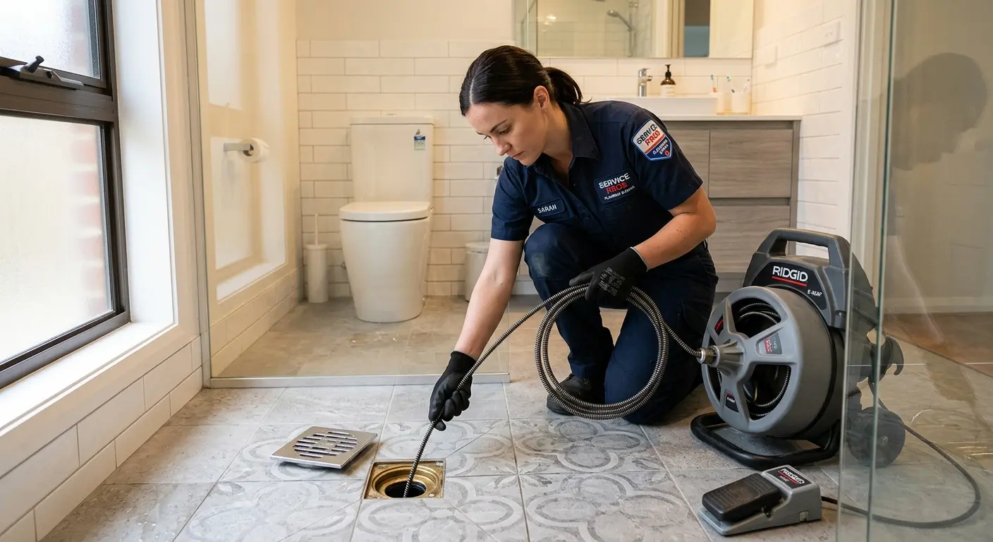 Technician clearing a bathroom floor drain for Hydro Jetting in Meridian